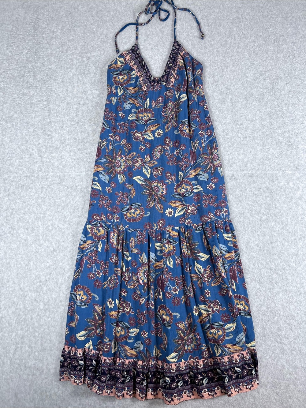 Floral Boho Maxi Dress Halter Straps Contrasting Hem Pattern Angie